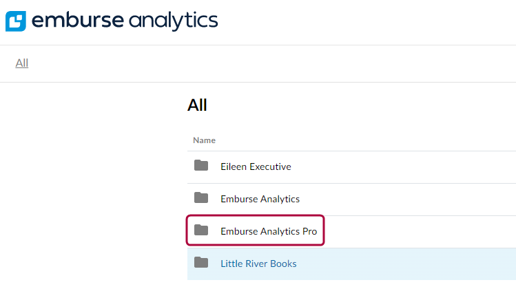 Emburse Analytics Pro folder showing Pro dashboards and reports available to Creators.