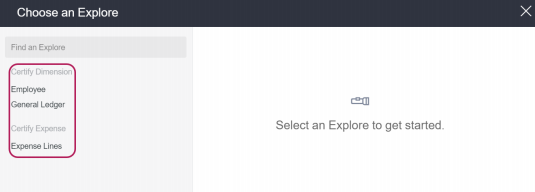 Sidebar showing available Explores to select data from.