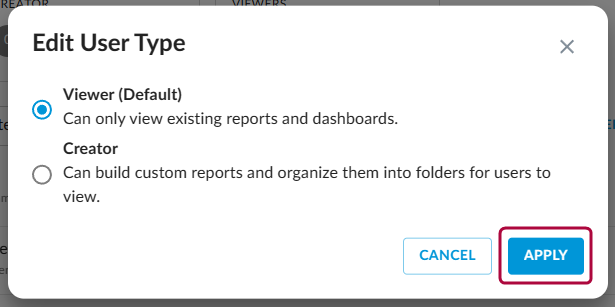 Edit User Type screen with Viewer and Creator options and Apply button.