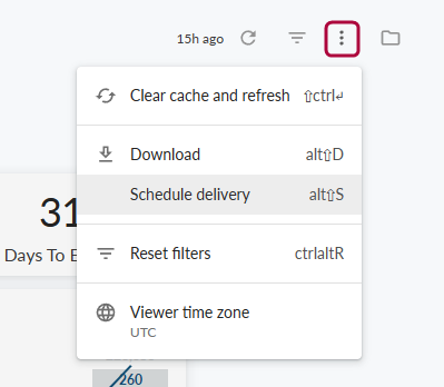 Dashboard Actions menu (three dots) with Schedule Delivery option