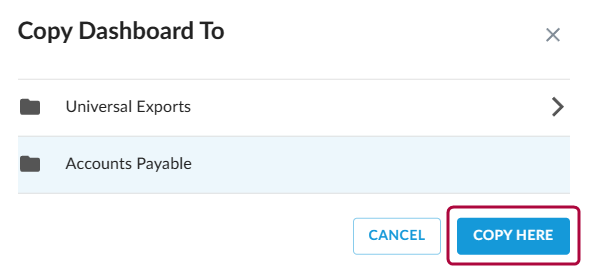 Copy dialog showing destination folders and the Copy Here option