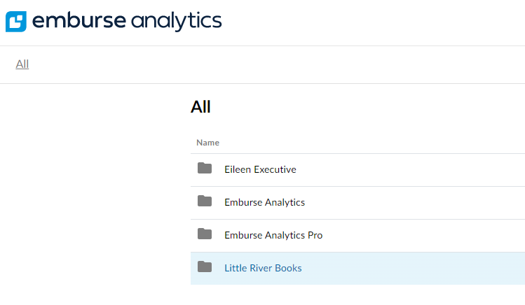 Folder list showing Personal Folder, Emburse Analytics Folder, Emburse Analytics Pro Folder, and Organizational Folder