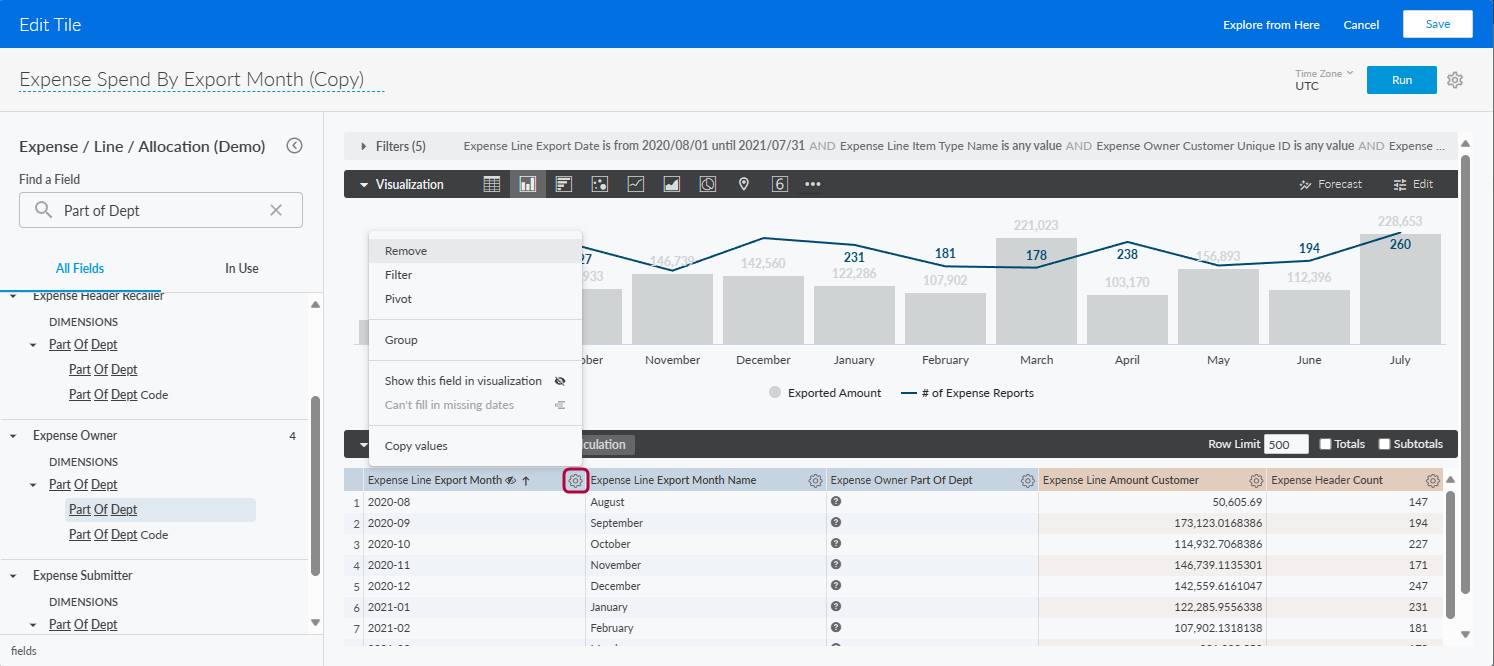 Table column header menu with Remove option for removing fields