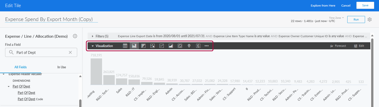Visualization bar showing chart type options