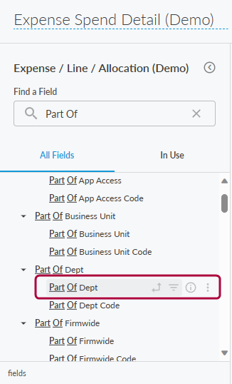 Field picker on the left with a field selected to add to the report
