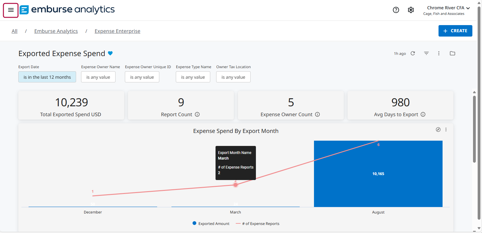Emburse Analytics home screen with the Menu button highlighted in the upper-left corner.