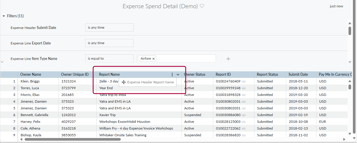 Table with a column header being dragged to reorder columns