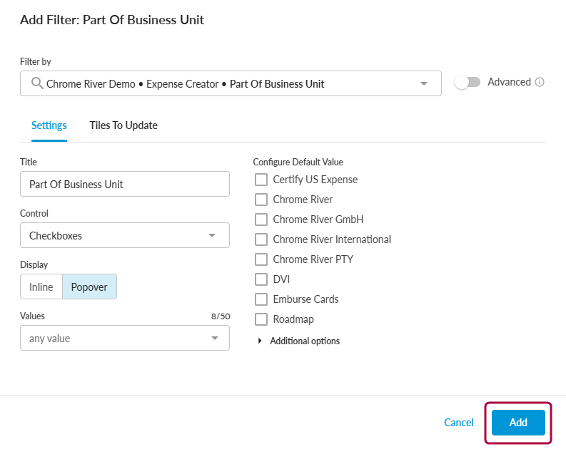 Filter options dialog with the Add option