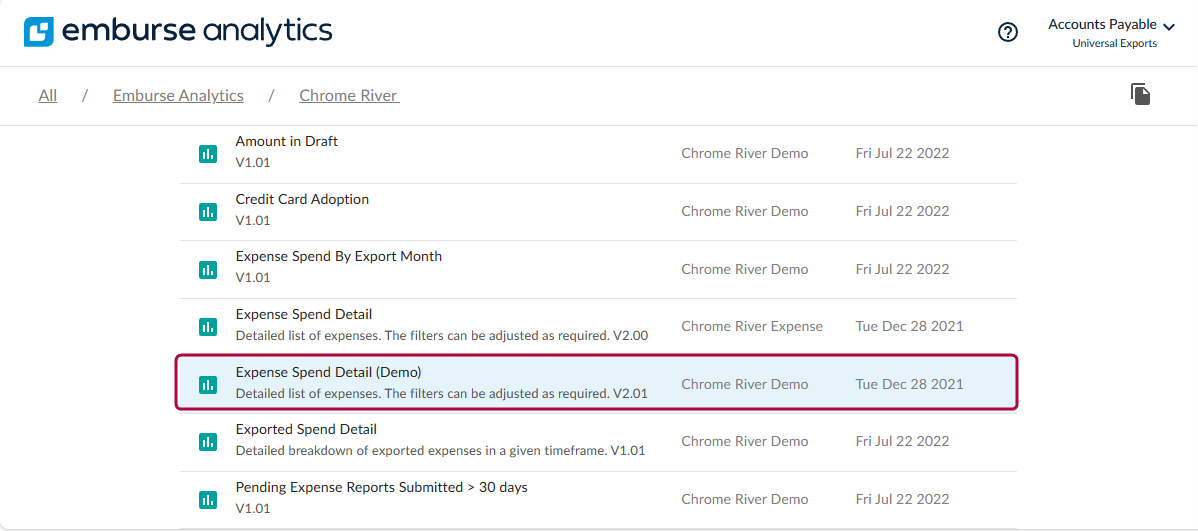 Folder contents showing a standard report selected to open