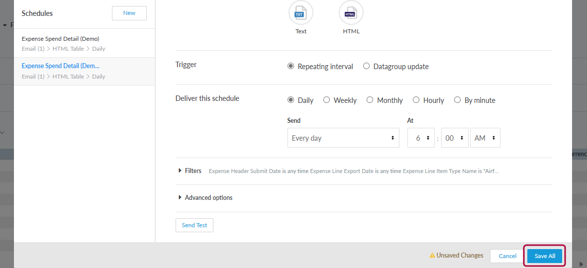 Schedule settings page with Save All option