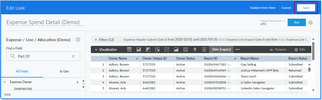 Report editor with Save option in the upper right