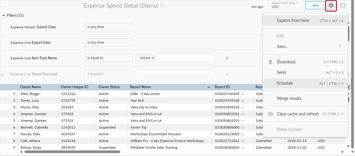 Explore Actions (gear) menu with Schedule option