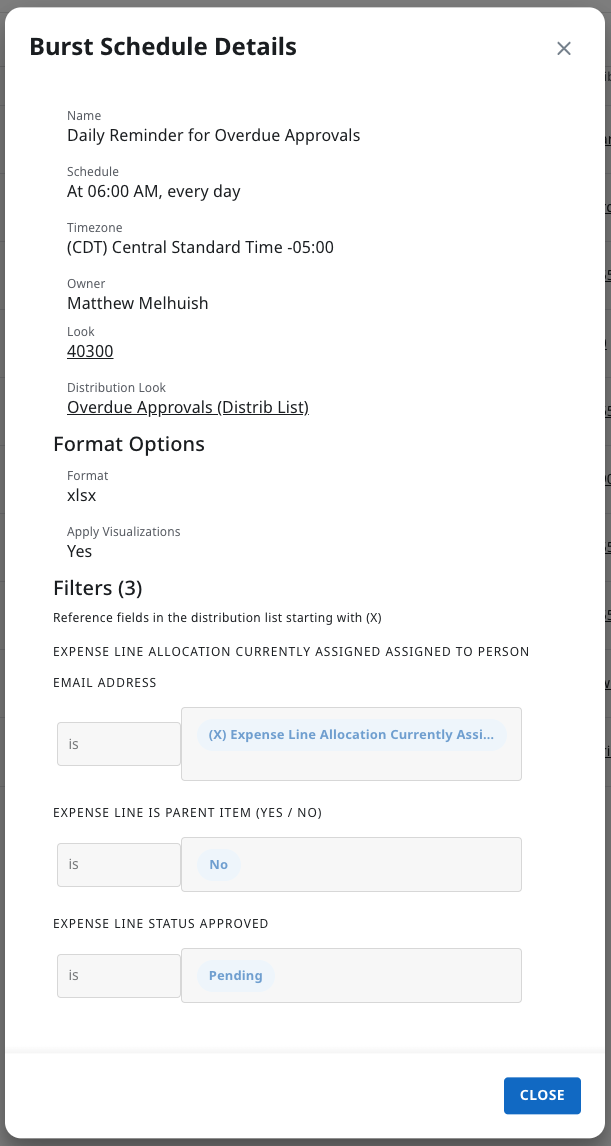 Admin schedule details showing applied filters for a schedule
