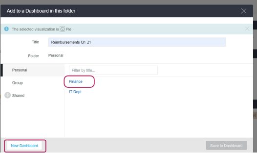 Subfolder list with an option to create a new dashboard.