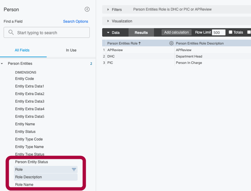 Person Entities folder showing new Role Description field in Person model