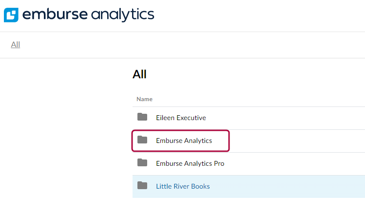 Emburse Analytics folder showing standard Emburse-created dashboards and reports.