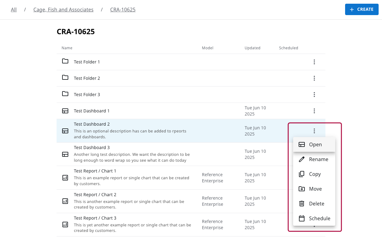 Content action menu showing new Open option for folder, dashboard, or report