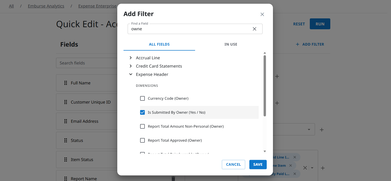 Add Filter option with field selection and criteria settings