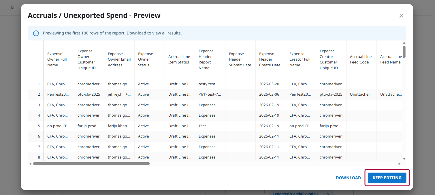 Report preview with Keep Editing button selected