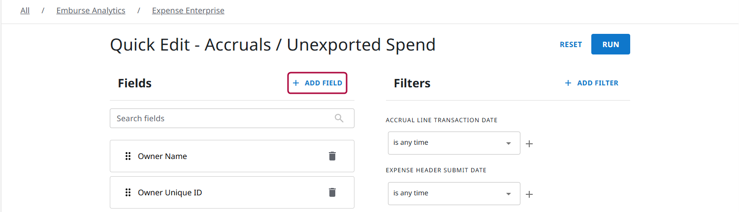 Quick Edit screen with Add Field button highlighted