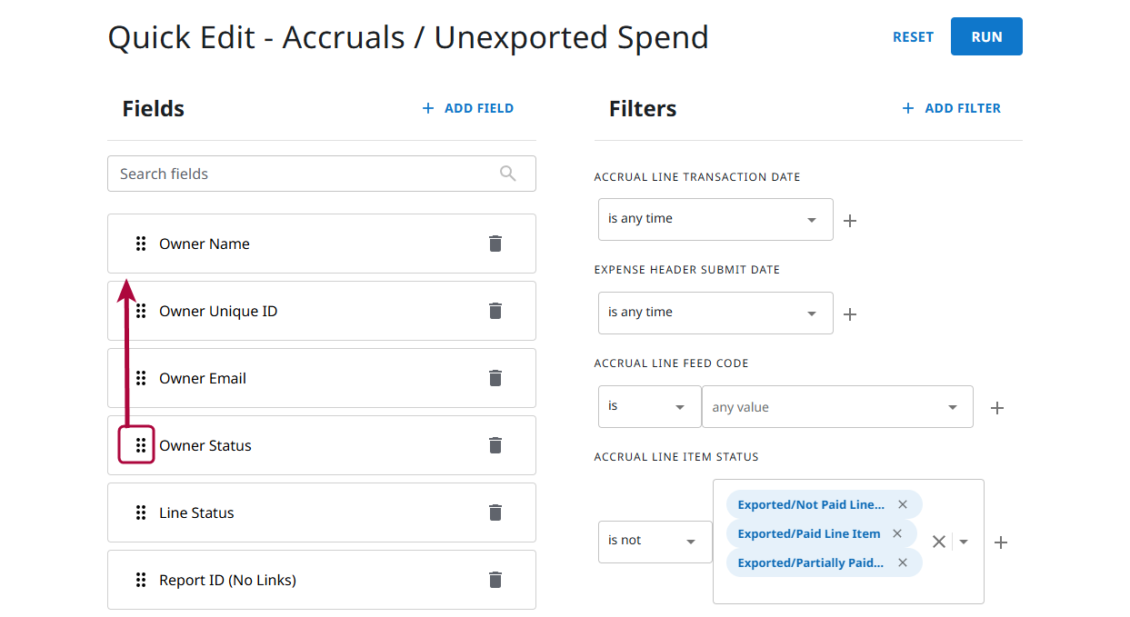 User dragging a column to change its position in the report column list