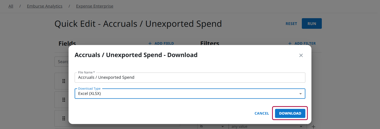 Download screen with file name, selected file type, and download button highlighted