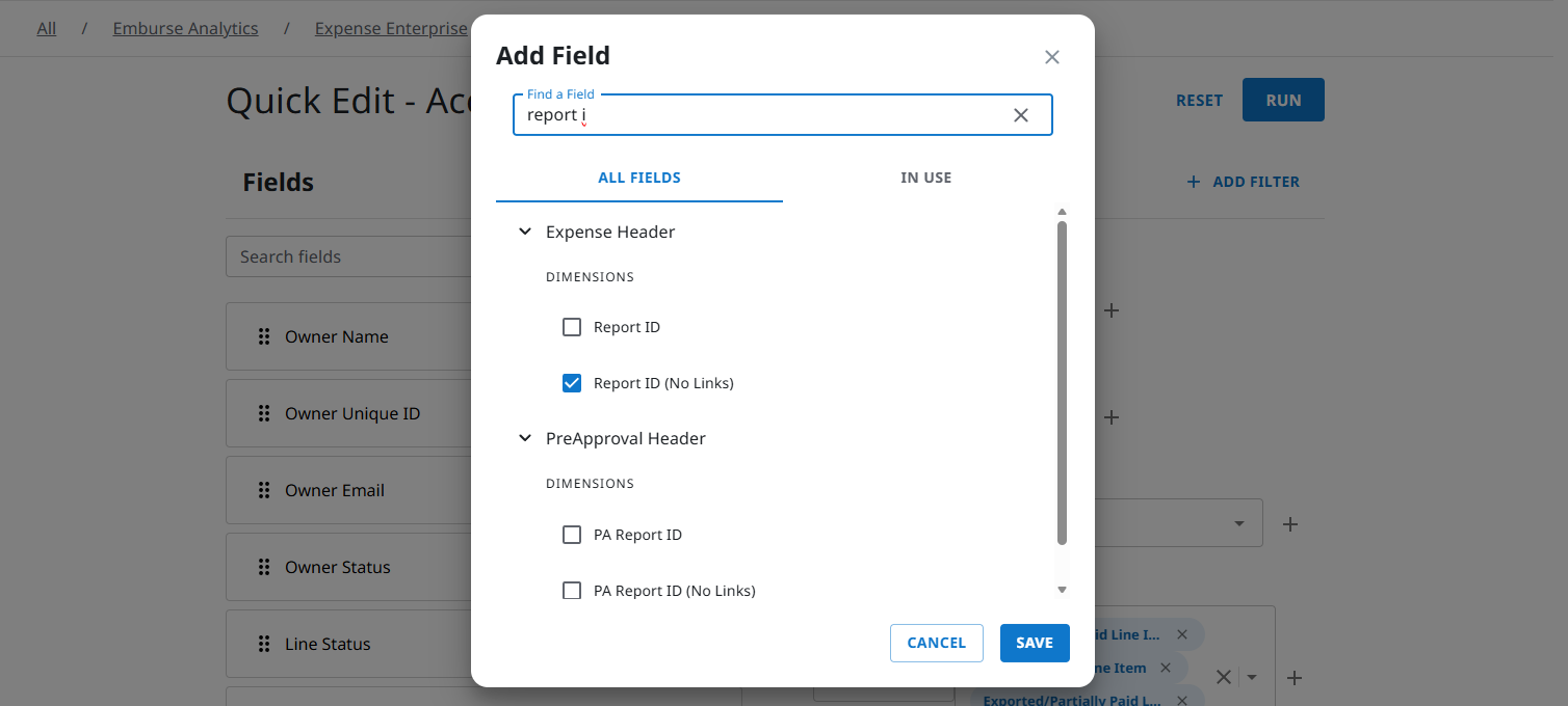 Add Field screen showing the search bar, check boxes for various fields, and Save button