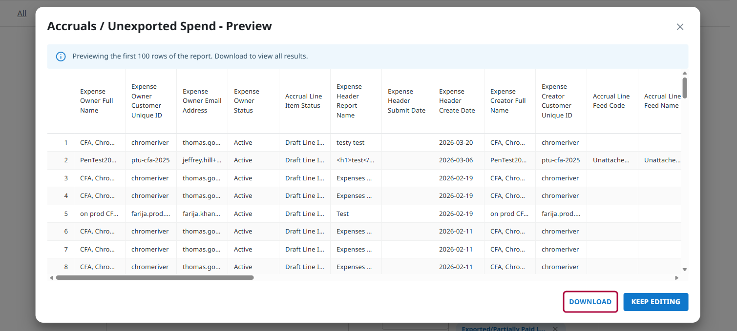Report Preview screen with Download button selected