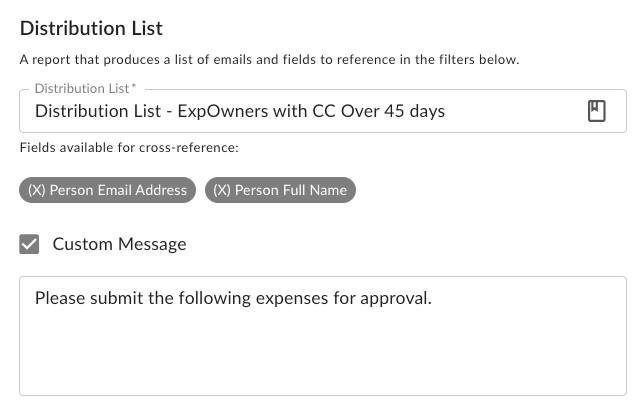 Burst schedule screen listing fields from the distribution list report.