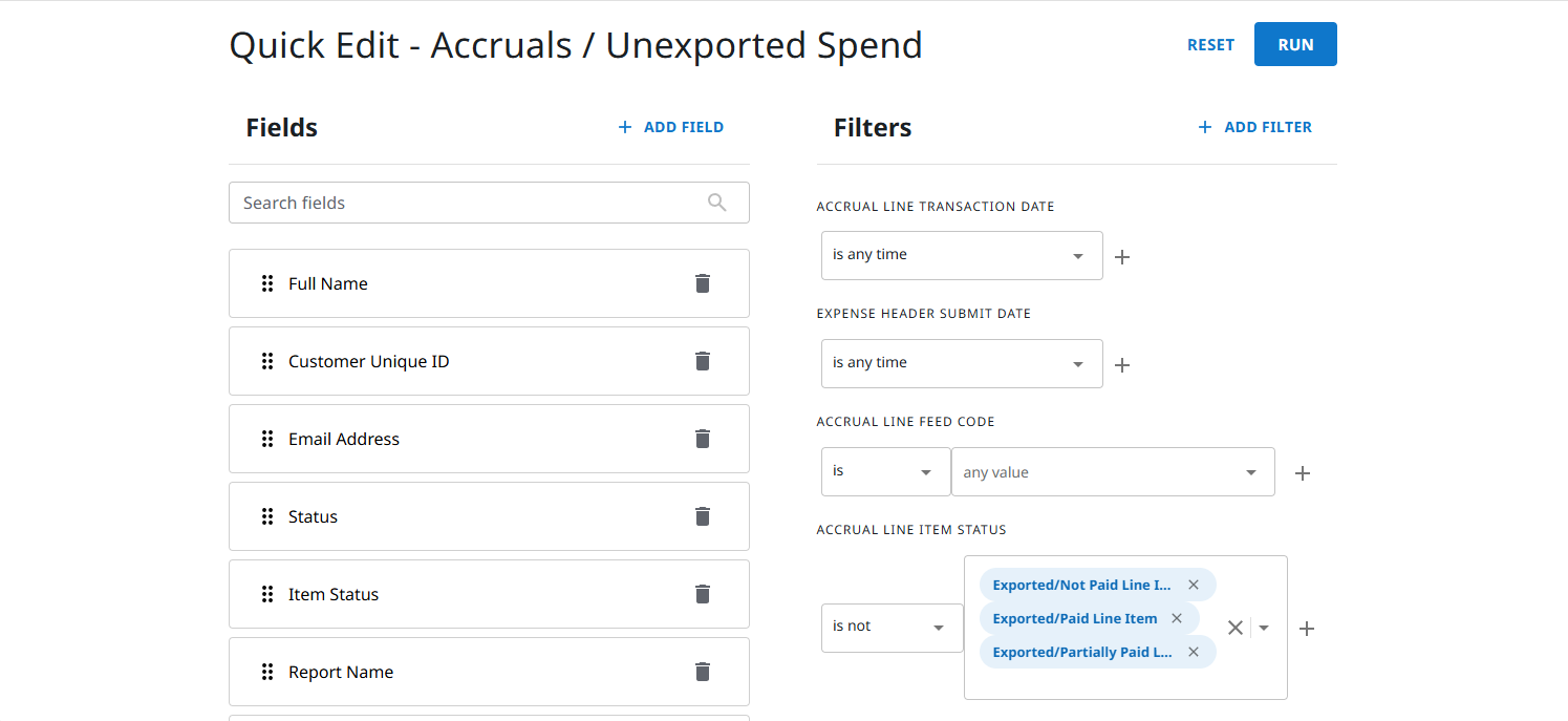 Overview of the Quick Edit screen for the Accruals / Unexported Spend report