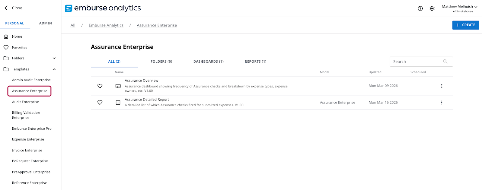 Emburse Analytics Templates page showing the Assurance Enterprise folder with the Assurance Overview dashboard and Assurance Detailed Report available for selection.