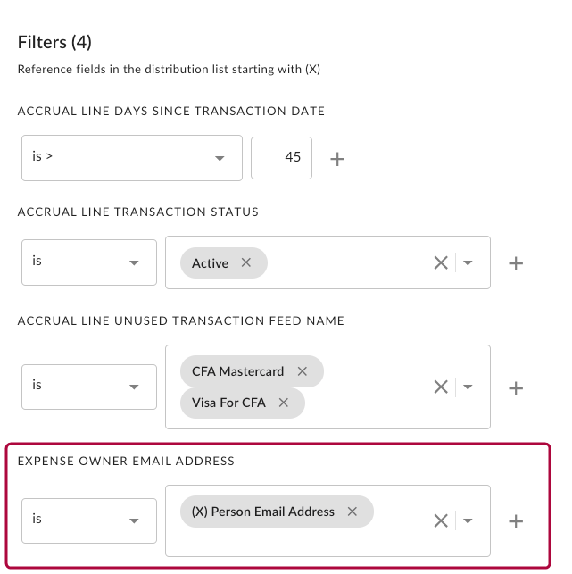 Filter section displaying the configured dynamic email address filter.
