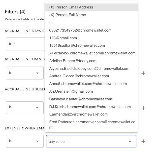 Expense Owner Email Address filter dropdown showing distribution list email field.